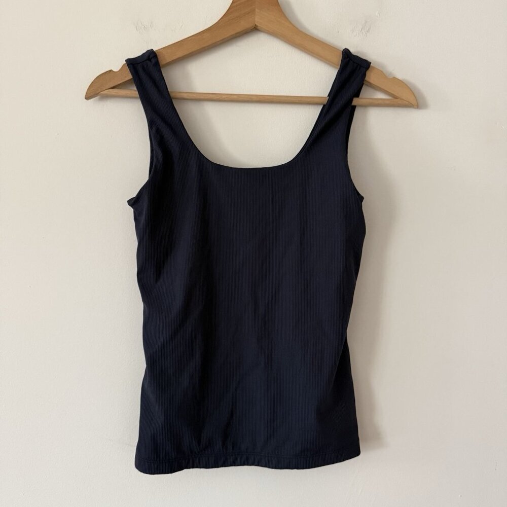 Tahari Modern Essentials Blue Ribbed Tank Top XS Minimalist Capsule Everyday